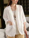Plus Size Women Summer Artsy Pure Color 100%Linen Shirt Coat