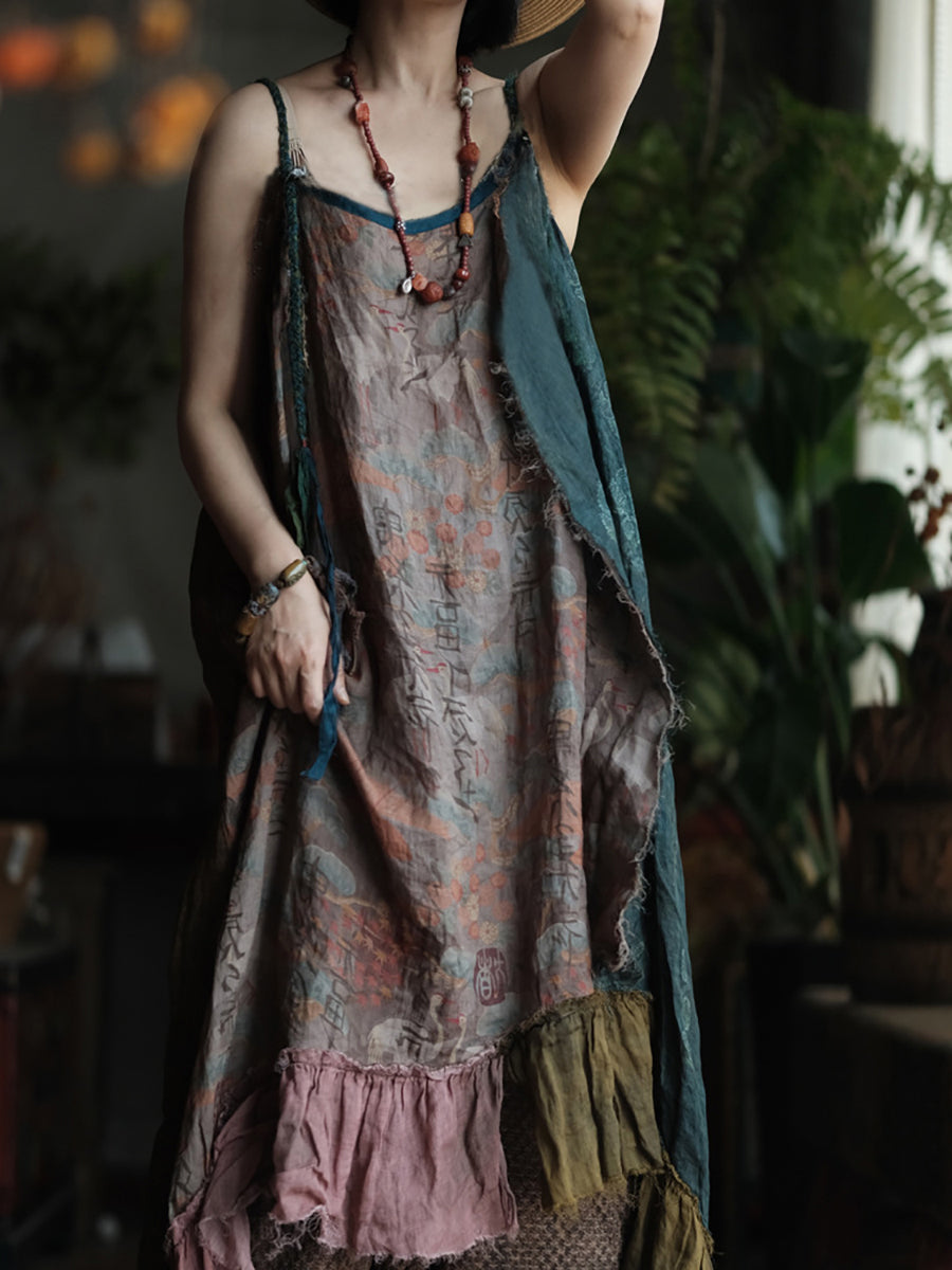 Plus Size Women Summer Patch Spliced Spaghetti Strap 100%Ramie Vest Dress