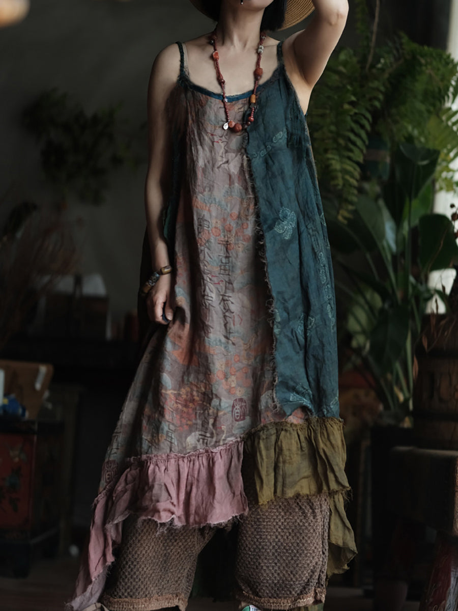 Plus Size Women Summer Patch Spliced Spaghetti Strap 100%Ramie Vest Dress