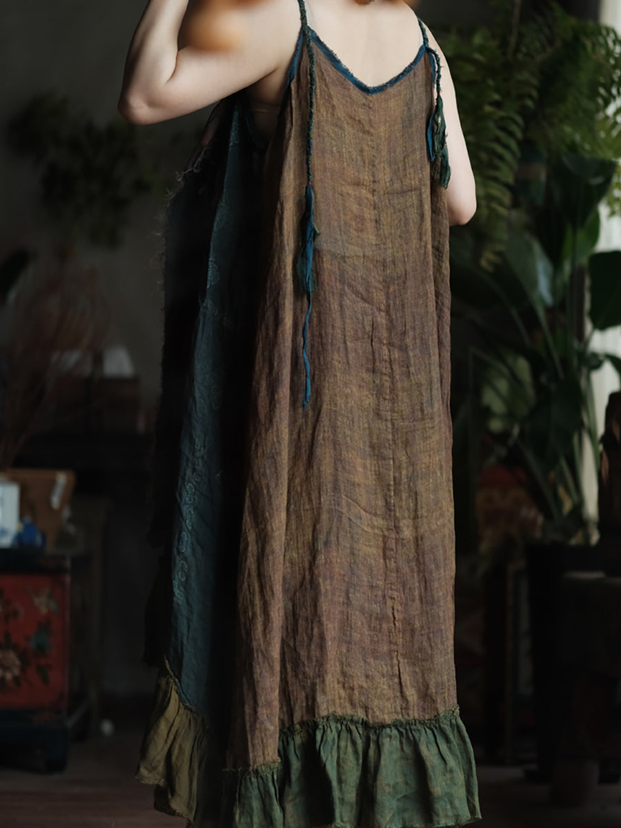 Plus Size Women Summer Patch Spliced Spaghetti Strap 100%Ramie Vest Dress