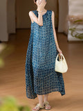 Plus Size Women Summer Artsy Floral O-Neck 100%Ramie Vest Dress