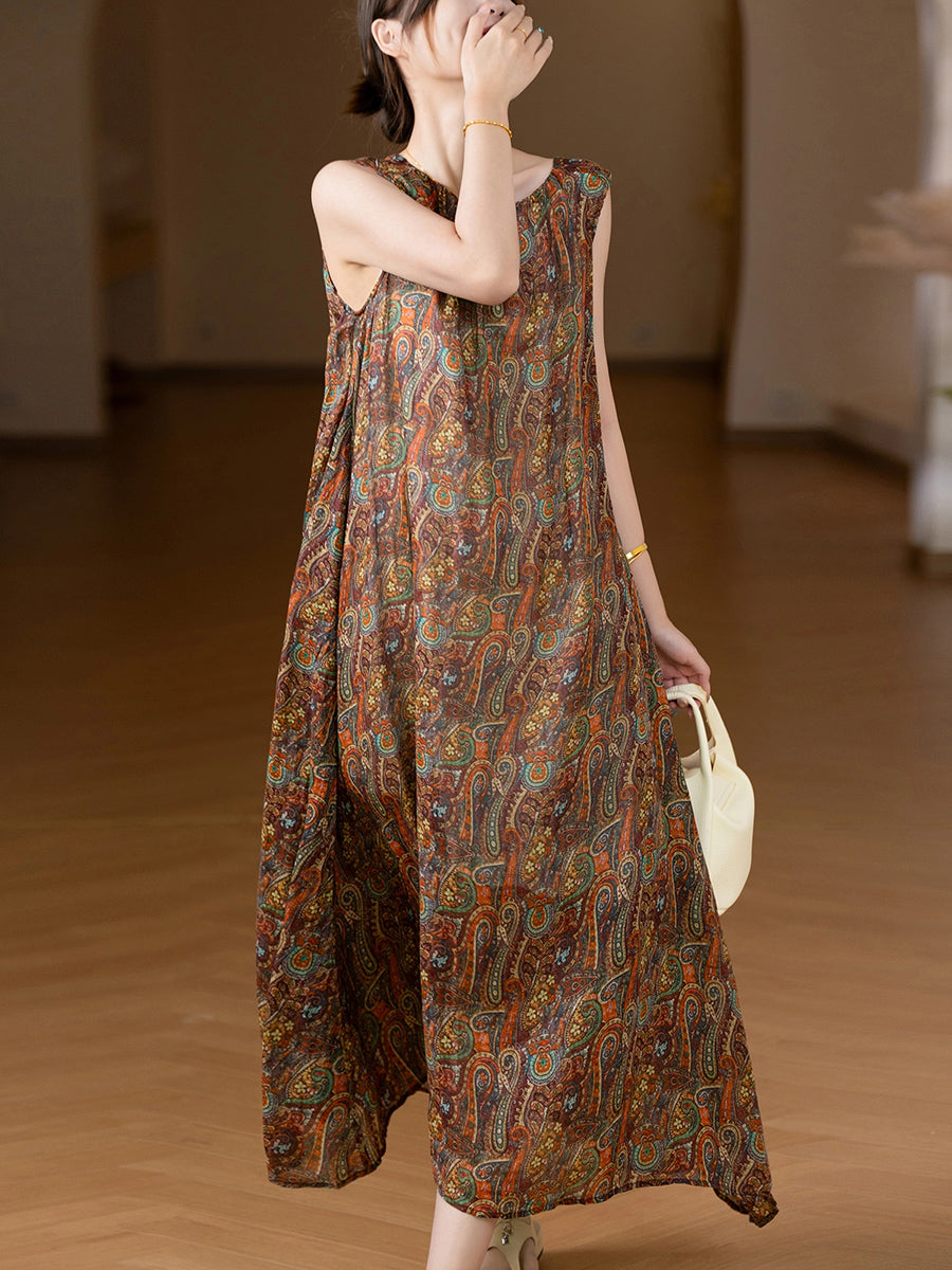 Plus Size Women Summer Artsy Floral O-Neck 100%Ramie Vest Dress