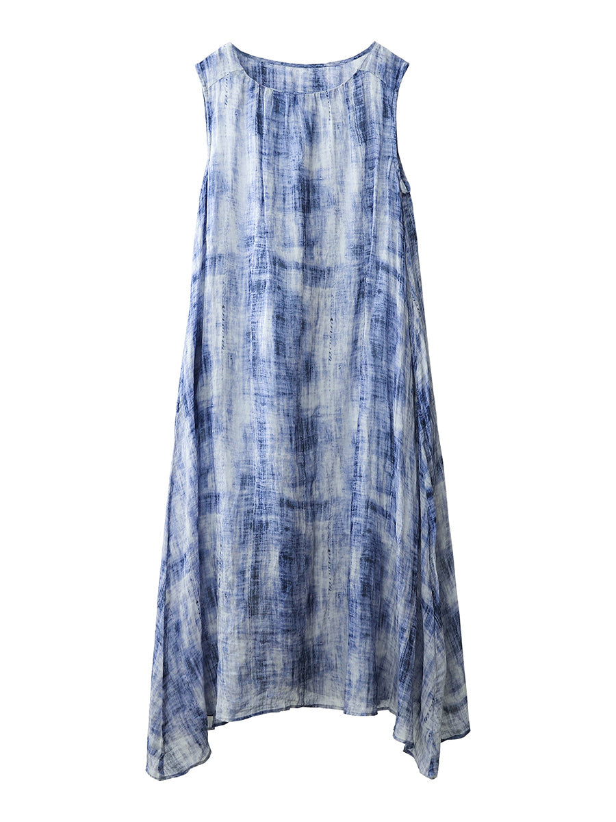 Plus Size Women Summer Artsy Floral O-Neck 100%Ramie Vest Dress