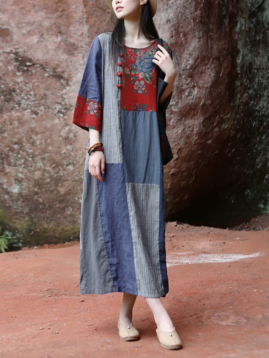 Plus Size Women Ethnic Patchwork O-Neck Linen Cotton Maxi Dress