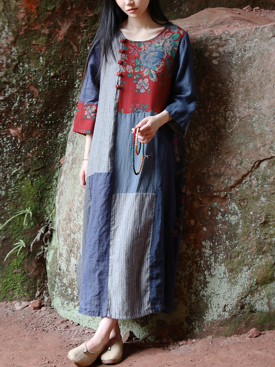 Plus Size Women Ethnic Patchwork O-Neck Linen Cotton Maxi Dress