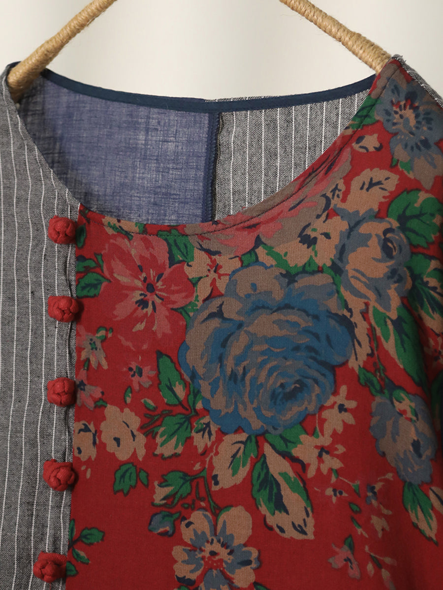 Plus Size Women Ethnic Patchwork O-Neck Linen Cotton Maxi Dress