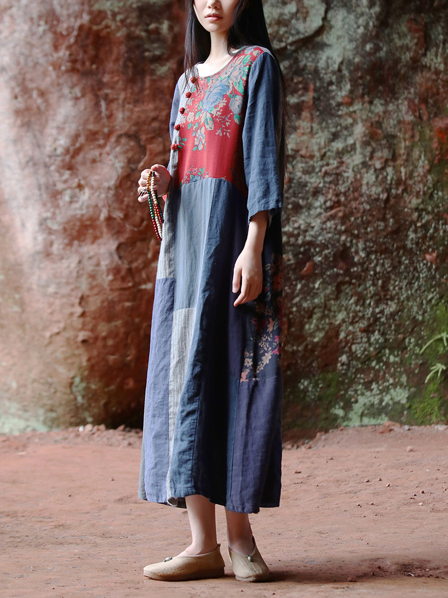 Plus Size Women Ethnic Patchwork O-Neck Linen Cotton Maxi Dress