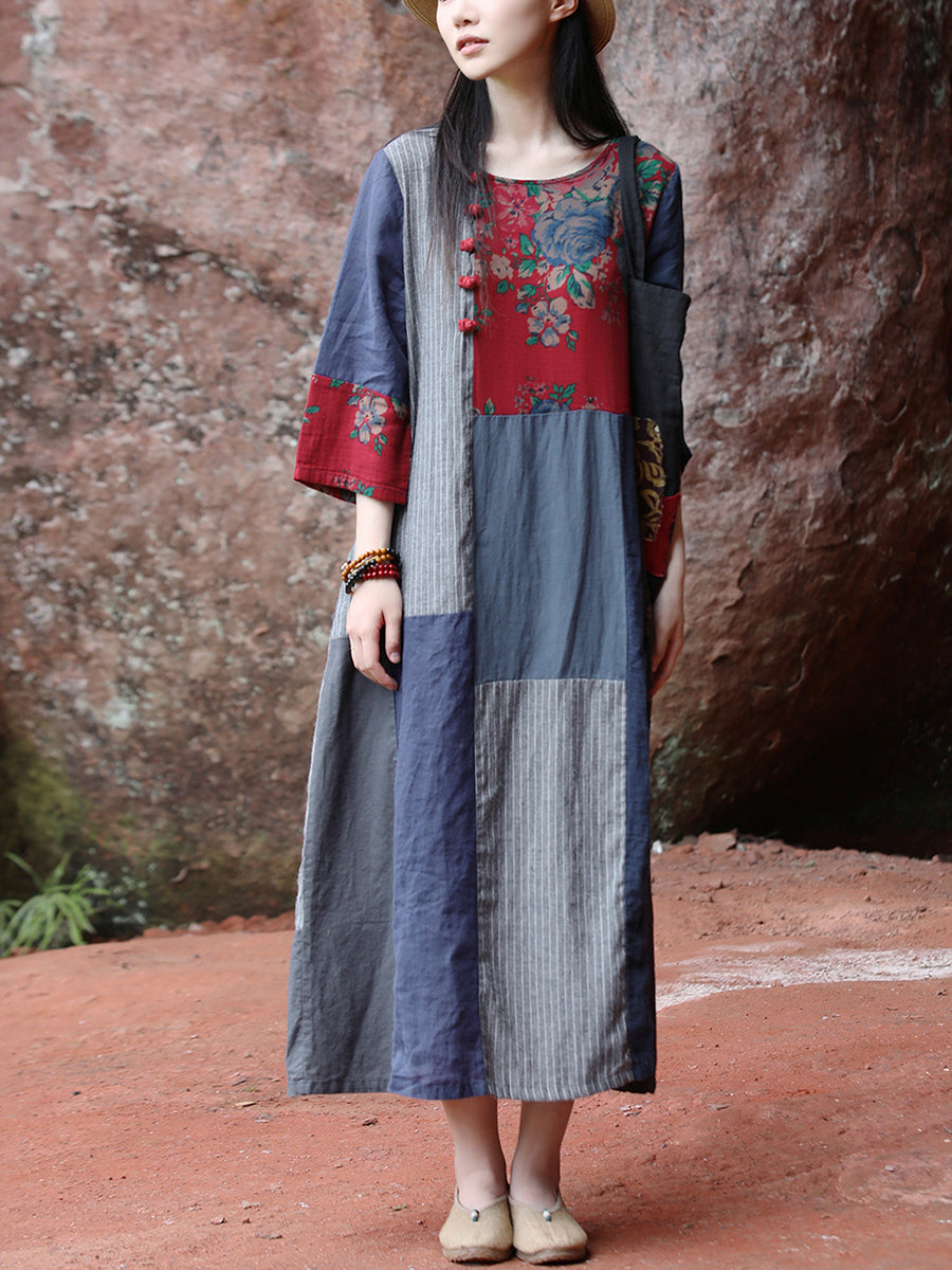 Plus Size Women Ethnic Patchwork O-Neck Linen Cotton Maxi Dress