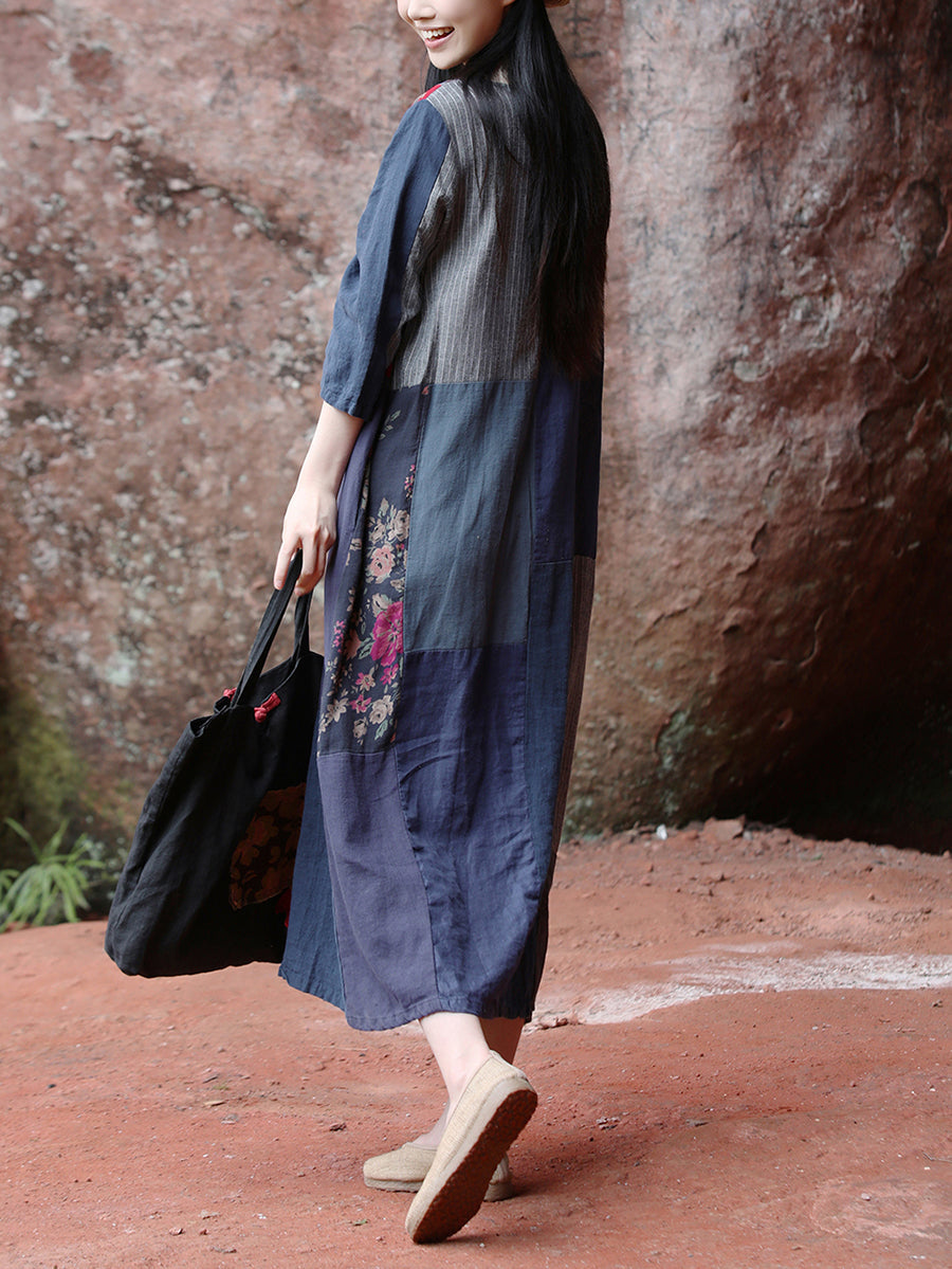 Plus Size Women Ethnic Patchwork O-Neck Linen Cotton Maxi Dress
