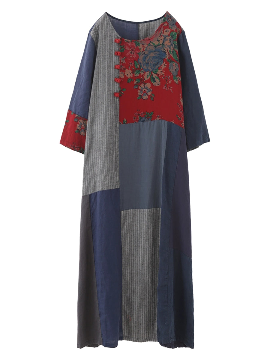 Plus Size Women Ethnic Patchwork O-Neck Linen Cotton Maxi Dress