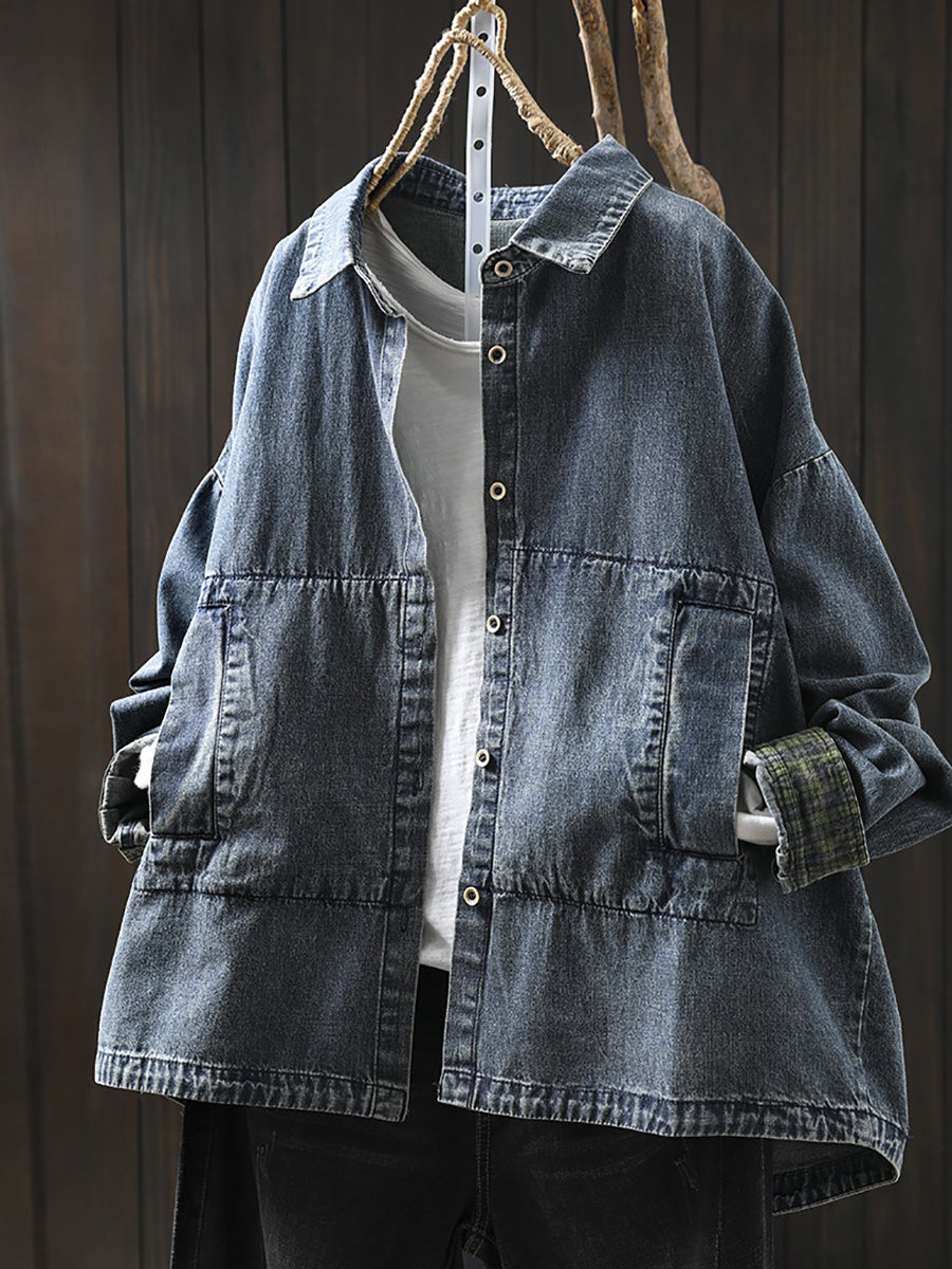 Plus Size Women Vintage Autumn Turn-down Collar Denim Shirt Coat