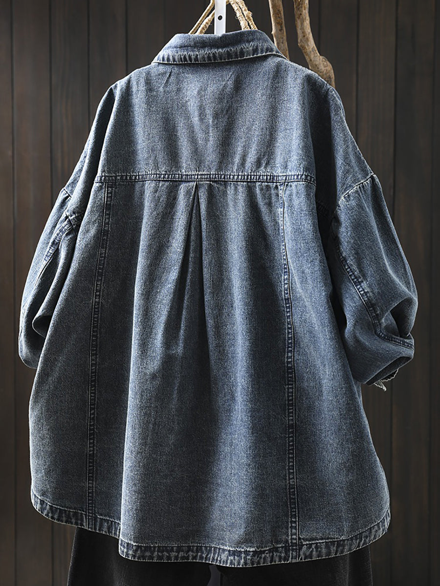 Plus Size Women Vintage Autumn Turn-down Collar Denim Shirt Coat