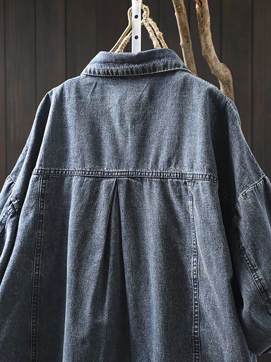 Plus Size Women Vintage Autumn Turn-down Collar Denim Shirt Coat