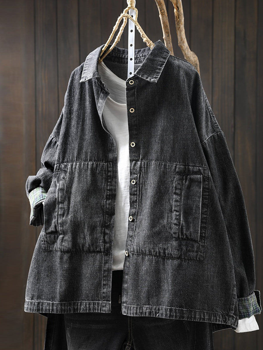 Plus Size Women Vintage Autumn Turn-down Collar Denim Shirt Coat