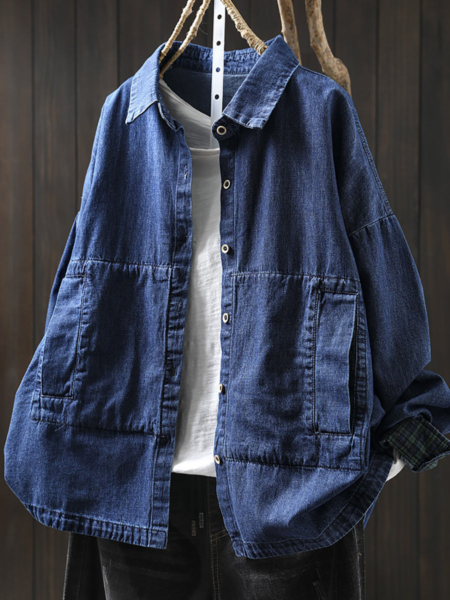 Plus Size Women Vintage Autumn Turn-down Collar Denim Shirt Coat