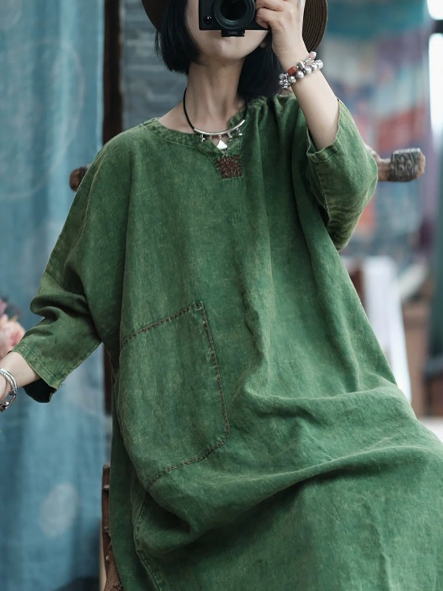 Women Vintage Pure Color O-Neck 100%Linen Dress