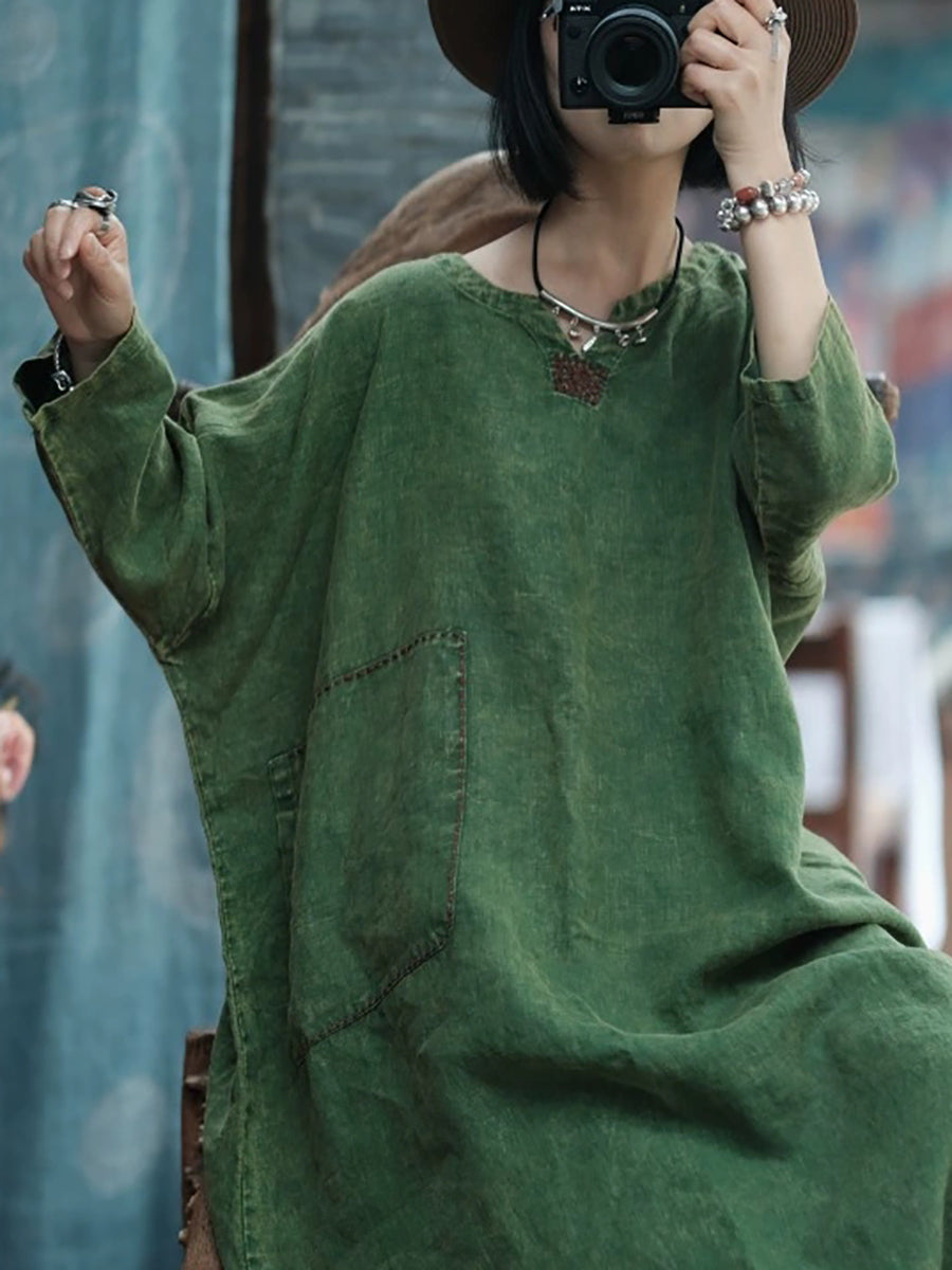 Women Vintage Pure Color O-Neck 100%Linen Dress