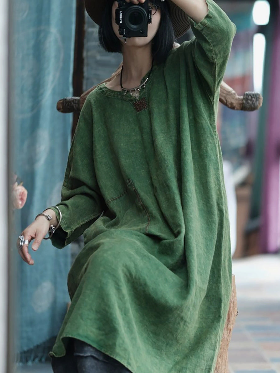 Women Vintage Pure Color O-Neck 100%Linen Dress