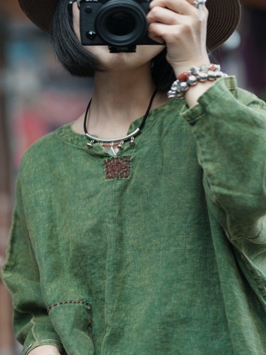 Women Vintage Pure Color O-Neck 100%Linen Dress