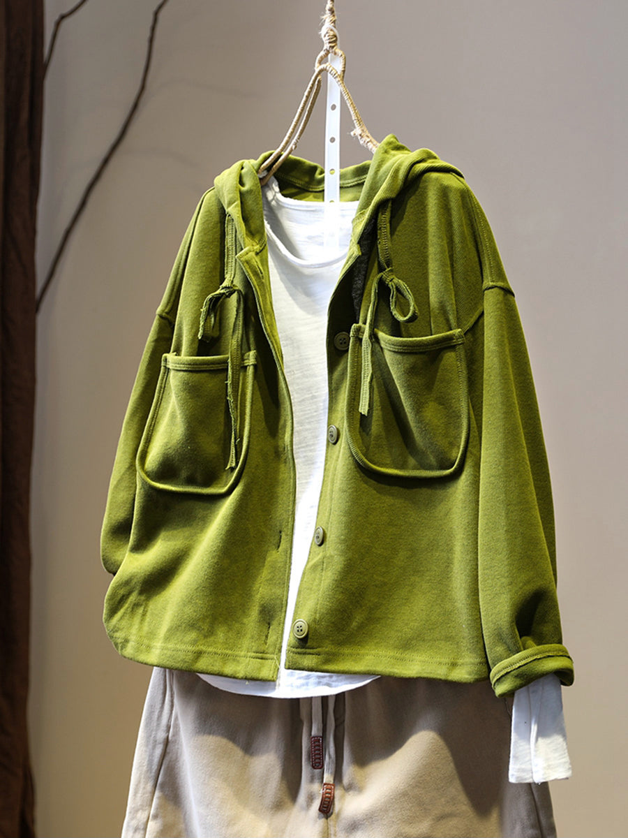 Plus Size Women Autumn Pure Color Hooded Cardigan Shirt Coat