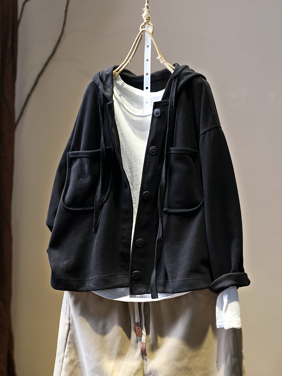 Plus Size Women Autumn Pure Color Hooded Cardigan Shirt Coat