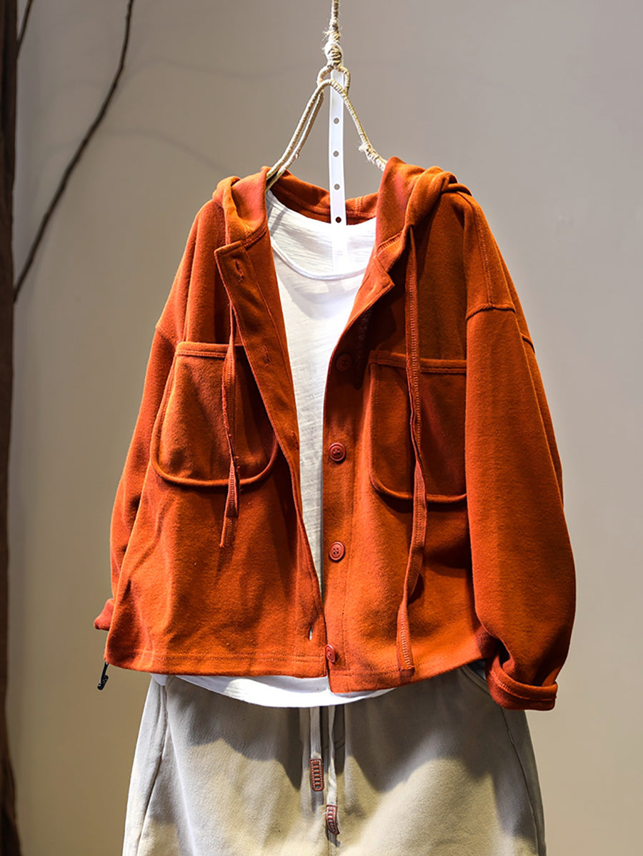 Plus Size Women Autumn Pure Color Hooded Cardigan Shirt Coat