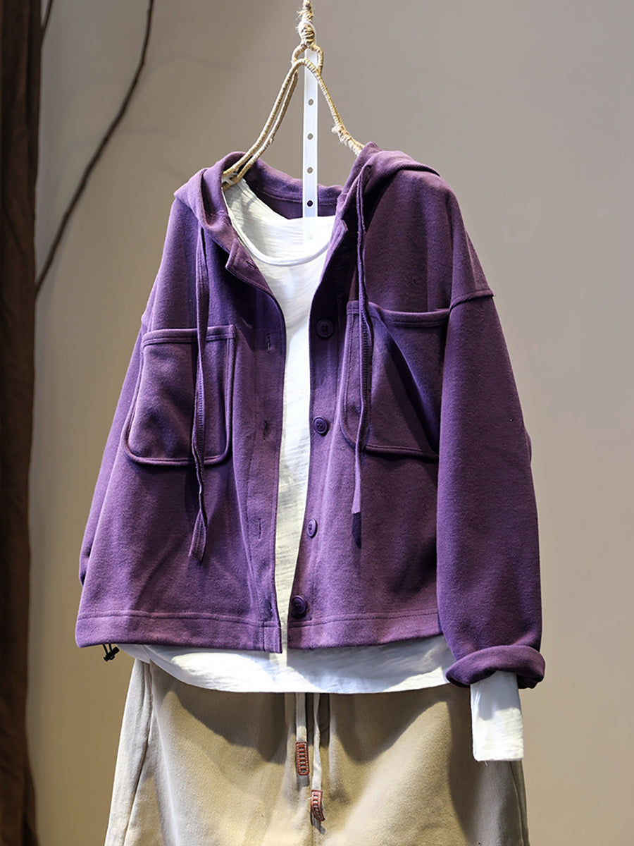 Plus Size Women Autumn Pure Color Hooded Cardigan Shirt Coat