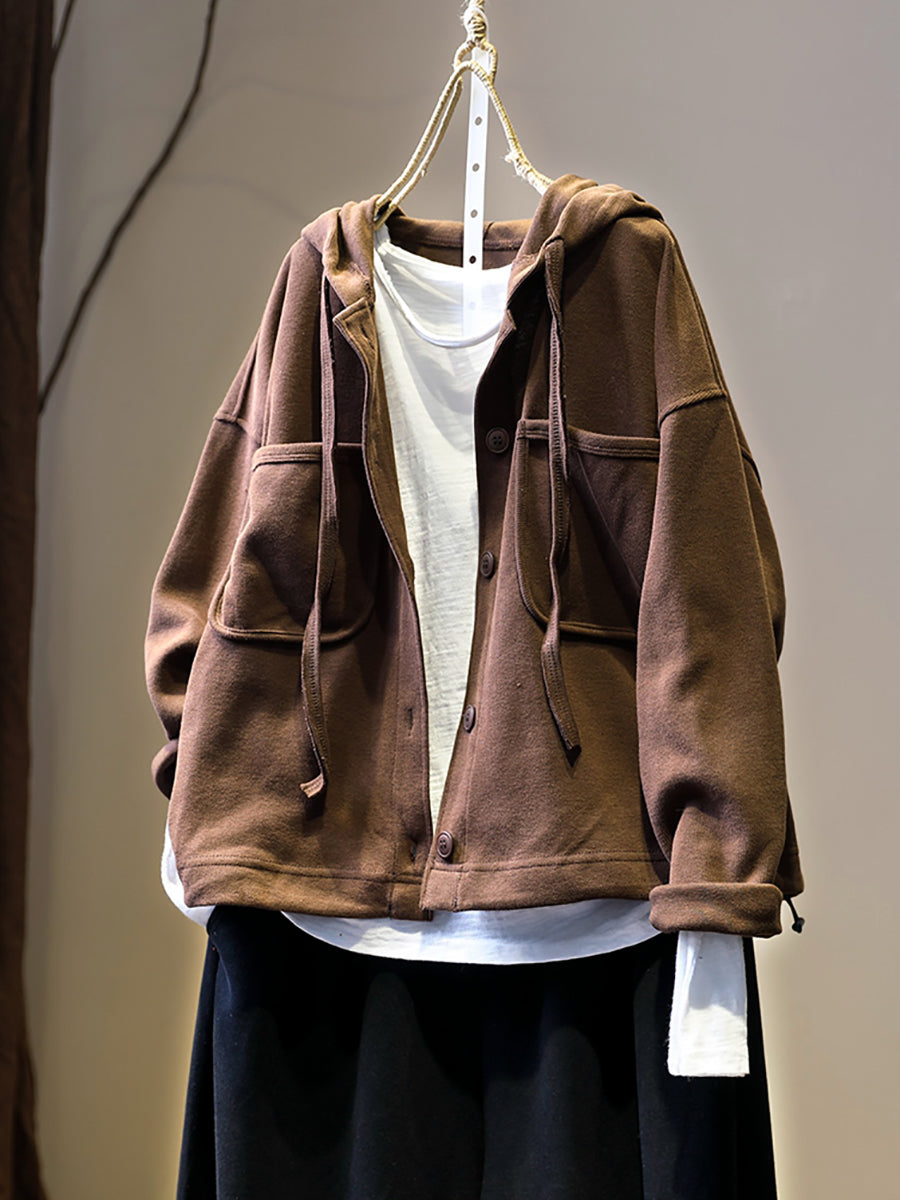 Plus Size Women Autumn Pure Color Hooded Cardigan Shirt Coat