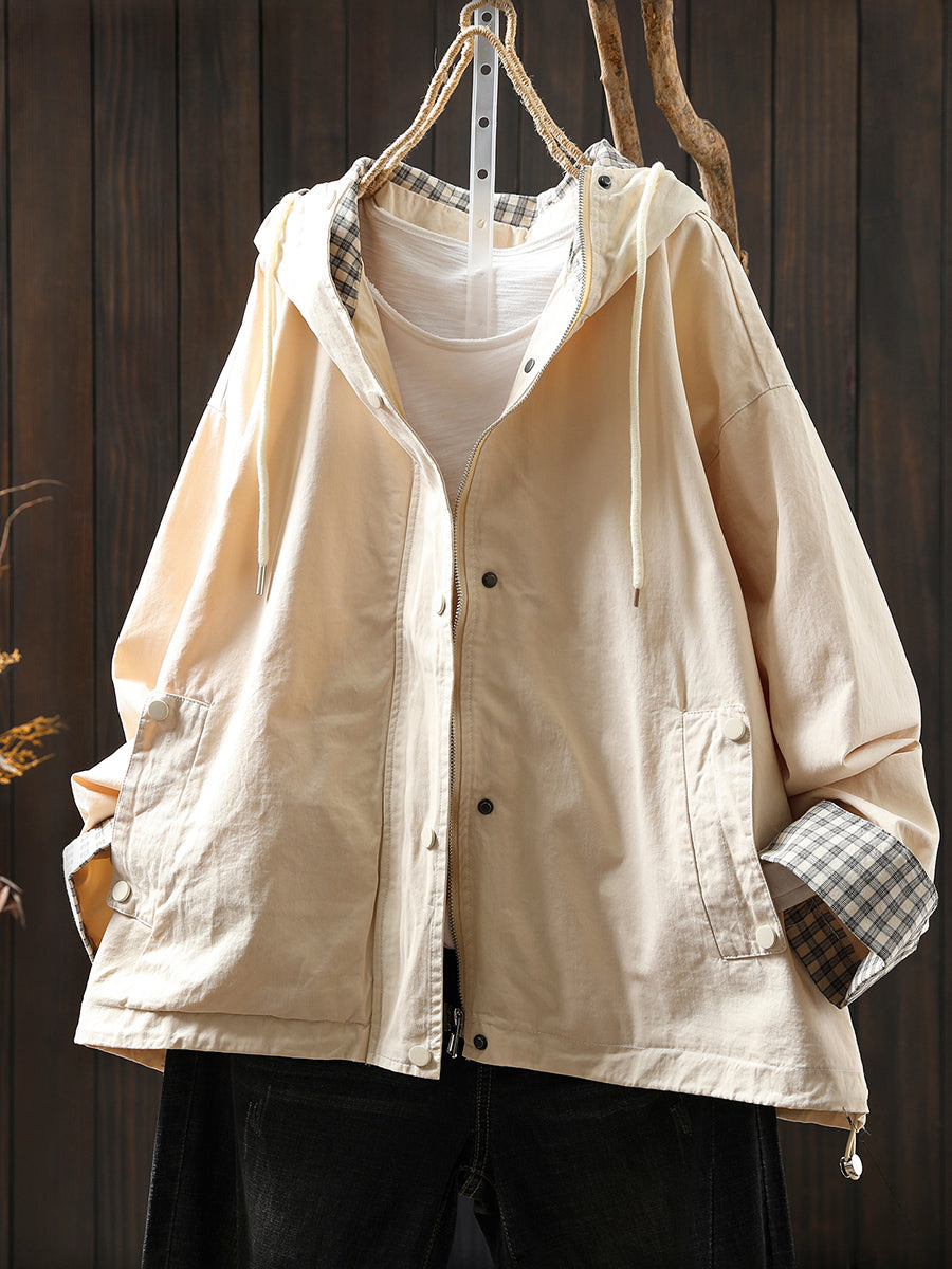 Plus Size Women Autumn Pure Color Hooded Cotton Cardigan Coat