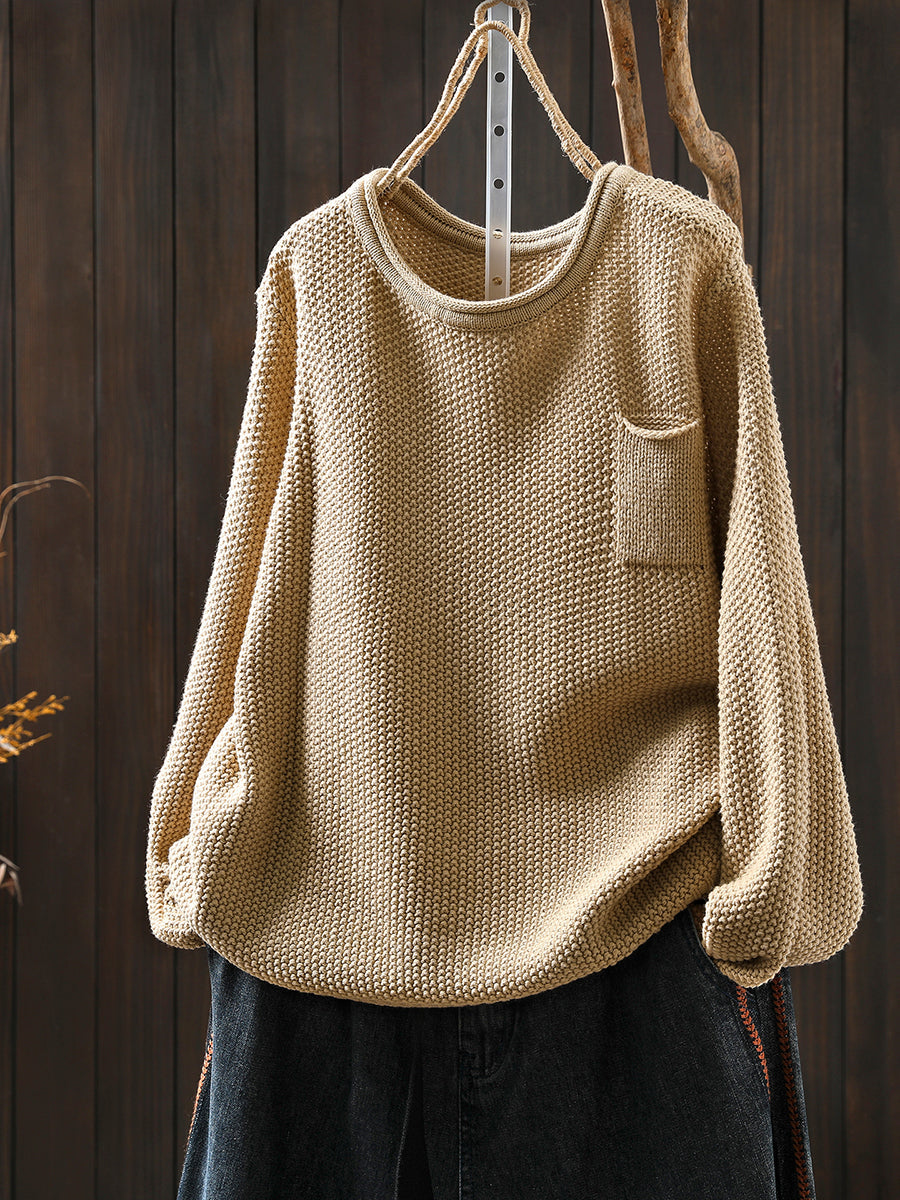 Women Autumn Pure Color O-Neck Cotton Knitted T-Shirt