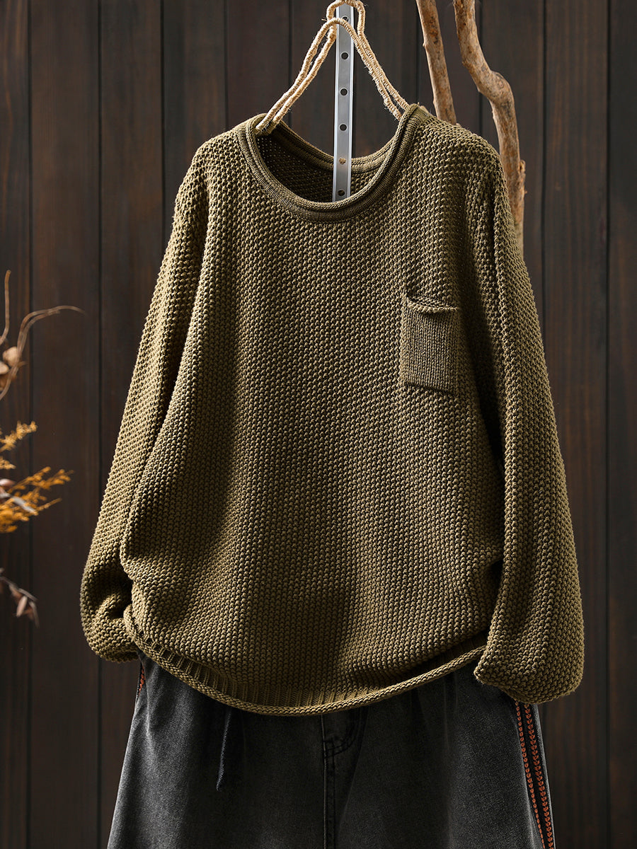 Women Autumn Pure Color O-Neck Cotton Knitted T-Shirt