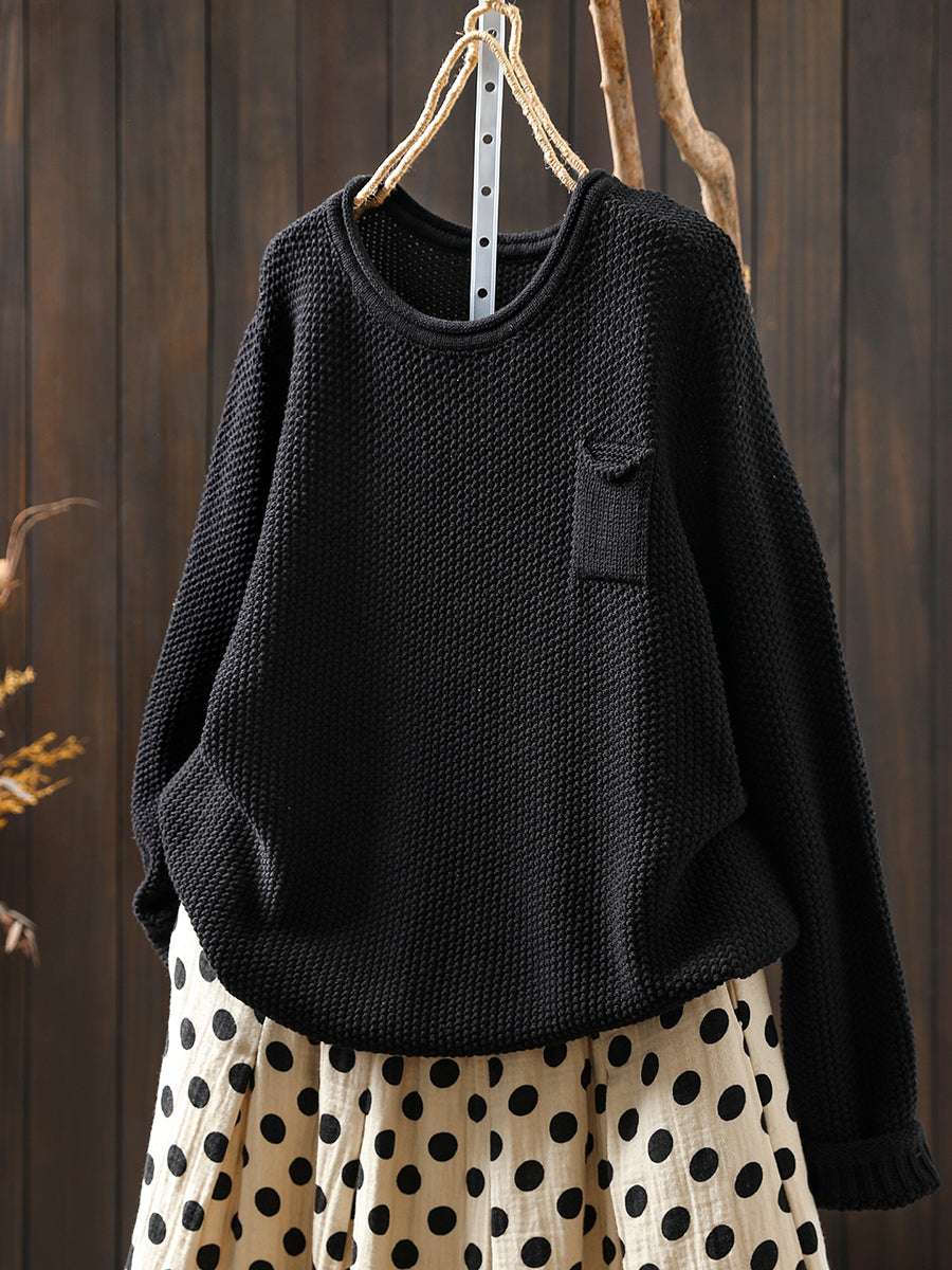 Women Autumn Pure Color O-Neck Cotton Knitted T-Shirt