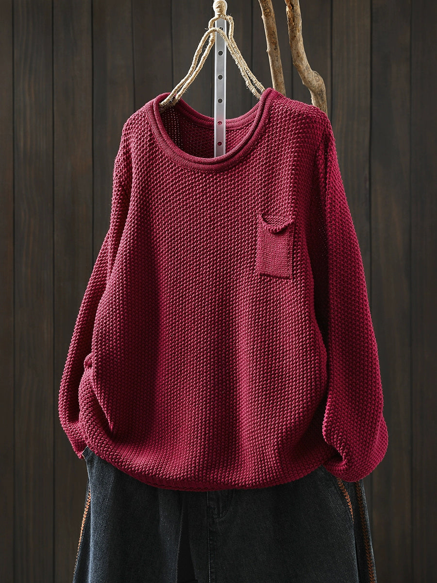 Women Autumn Pure Color O-Neck Cotton Knitted T-Shirt