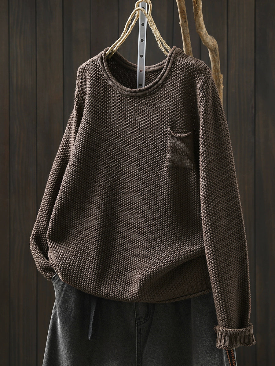 Women Autumn Pure Color O-Neck Cotton Knitted T-Shirt