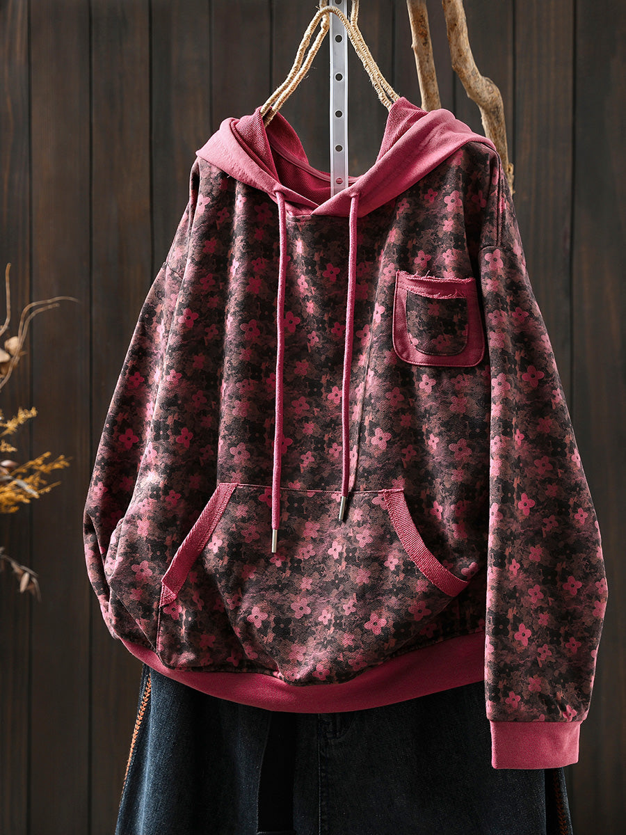 Plus Size Women Autumn Flower Hooded Sweatshirt