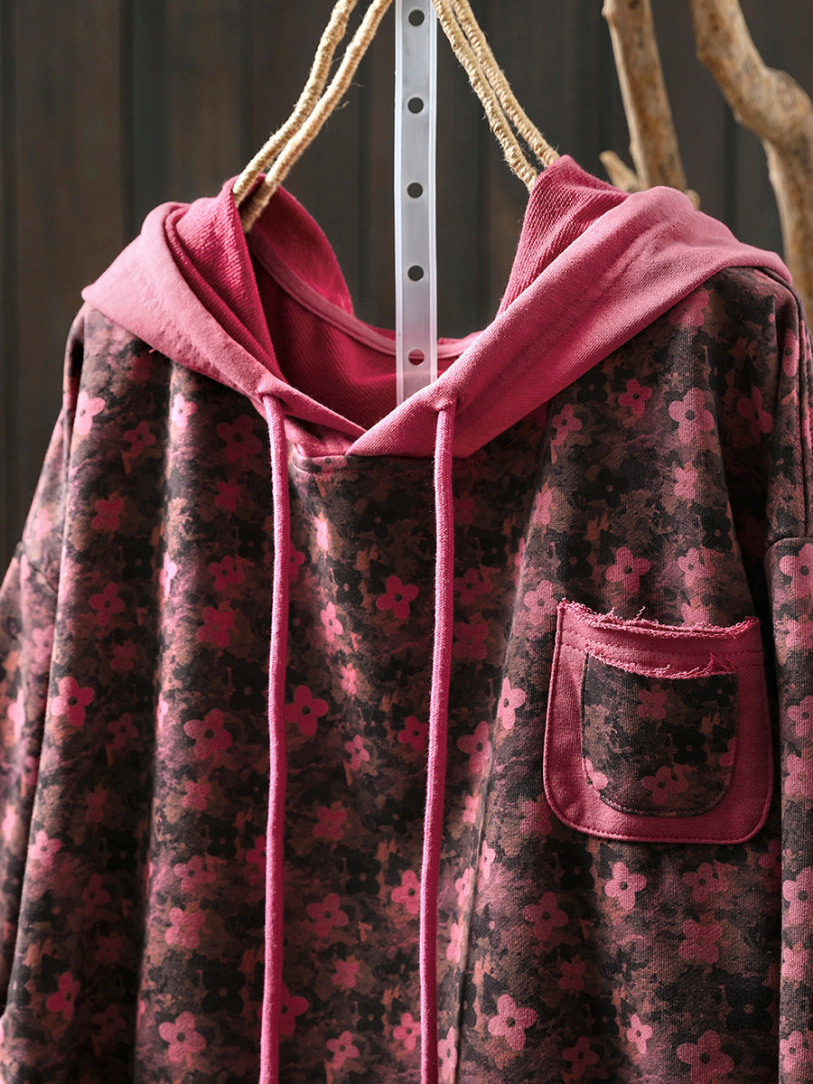 Plus Size Women Autumn Flower Hooded Sweatshirt