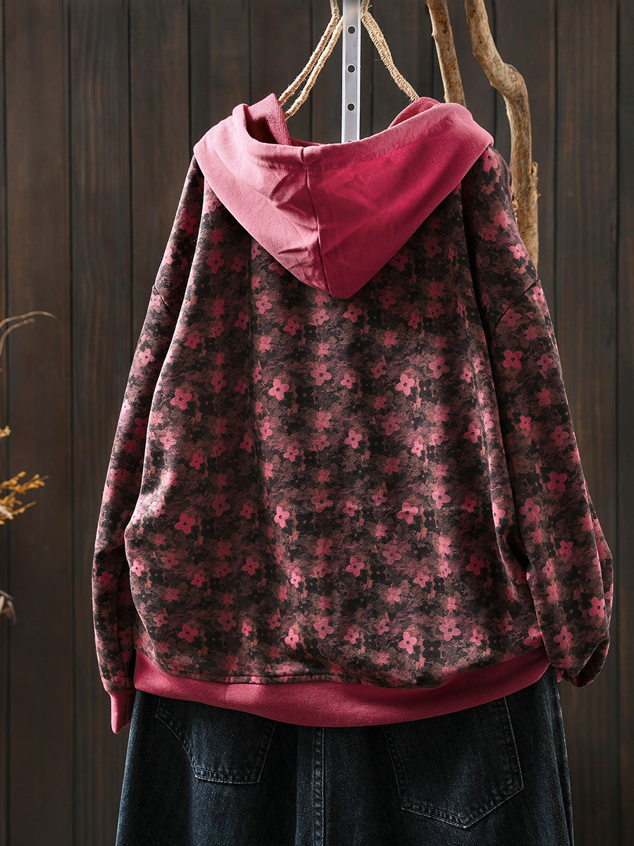 Plus Size Women Autumn Flower Hooded Sweatshirt