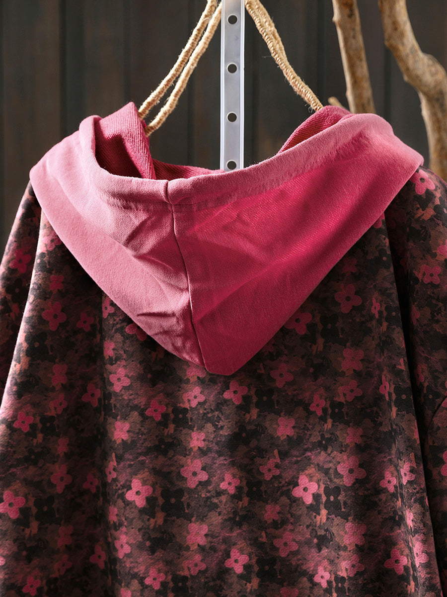 Plus Size Women Autumn Flower Hooded Sweatshirt