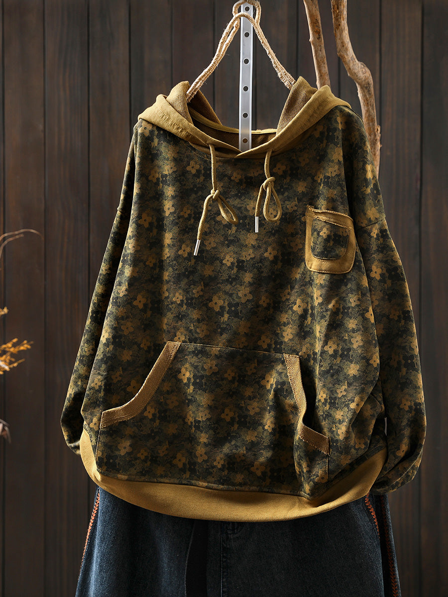 Plus Size Women Autumn Flower Hooded Sweatshirt