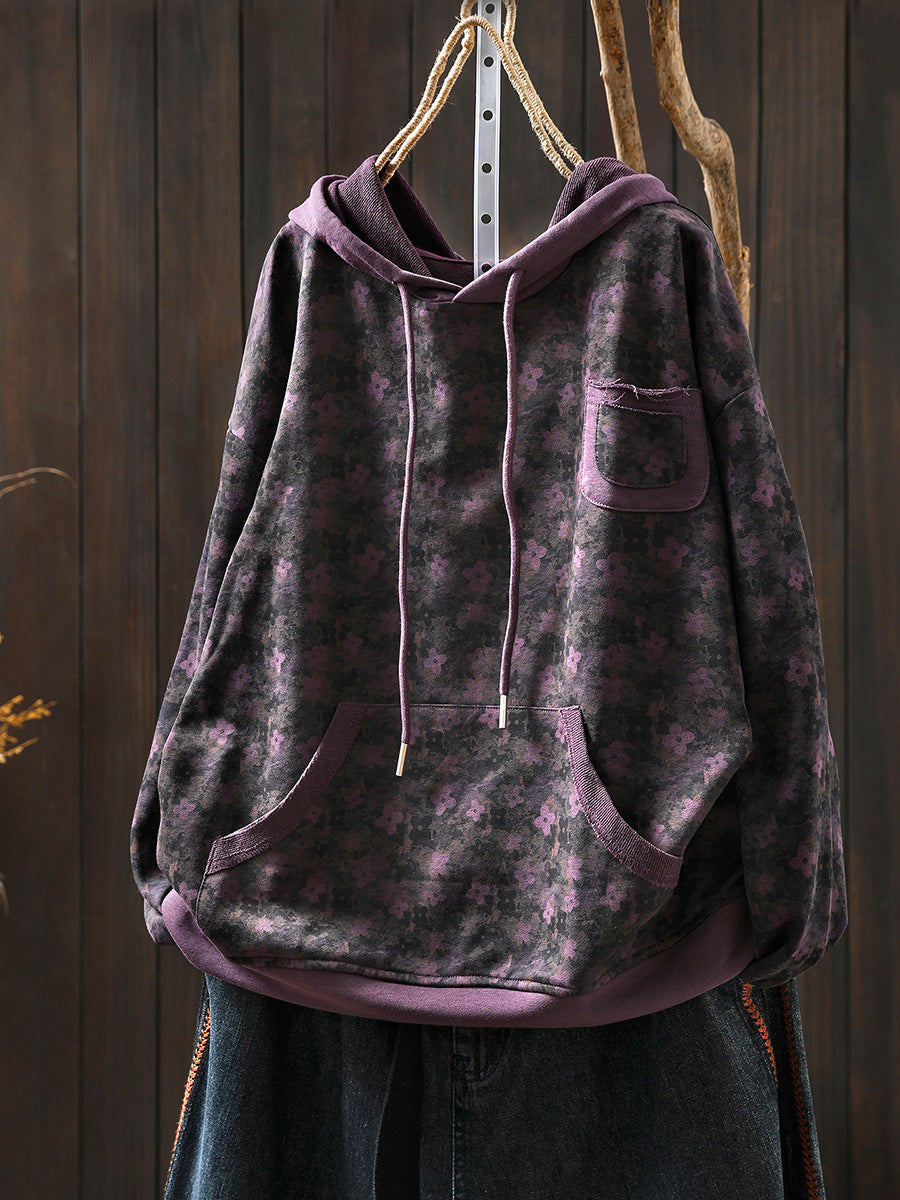 Plus Size Women Autumn Flower Hooded Sweatshirt