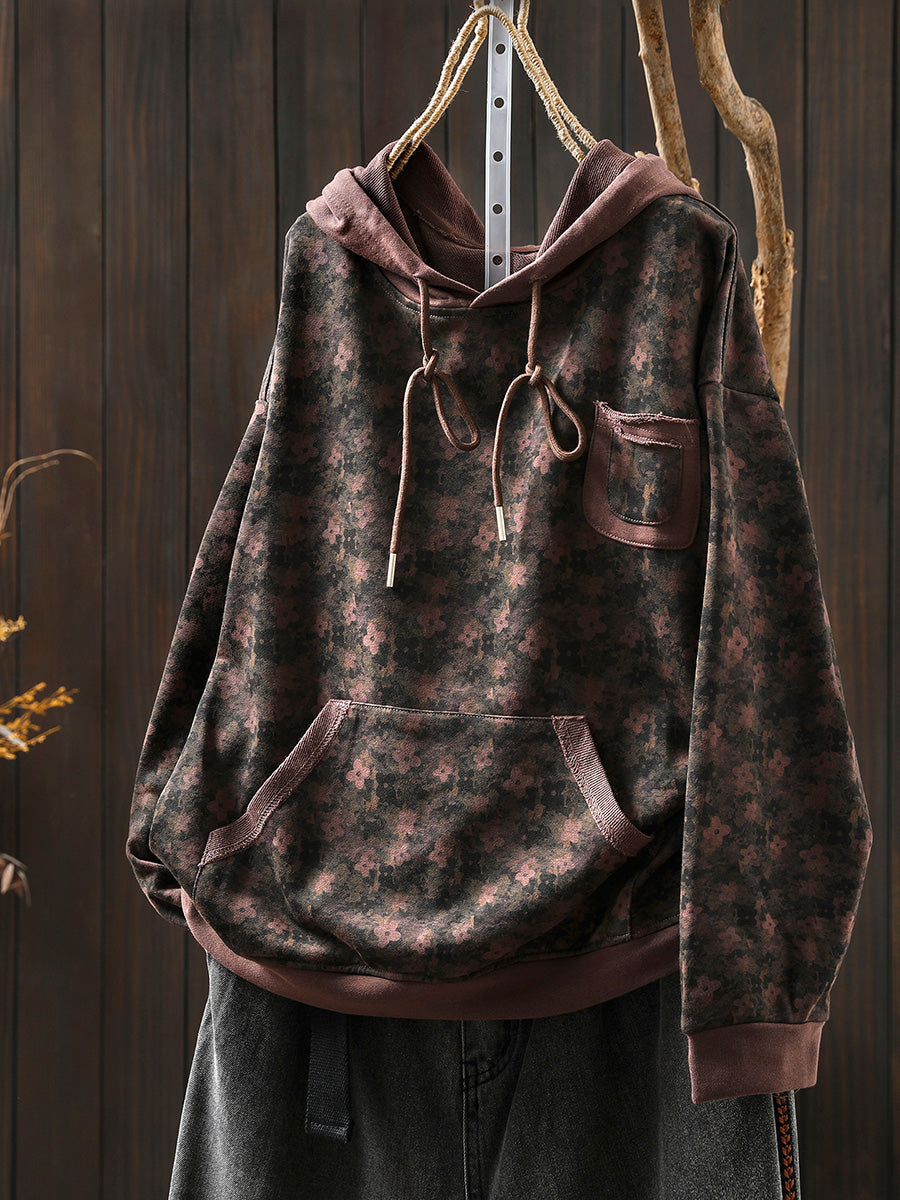 Plus Size Women Autumn Flower Hooded Sweatshirt