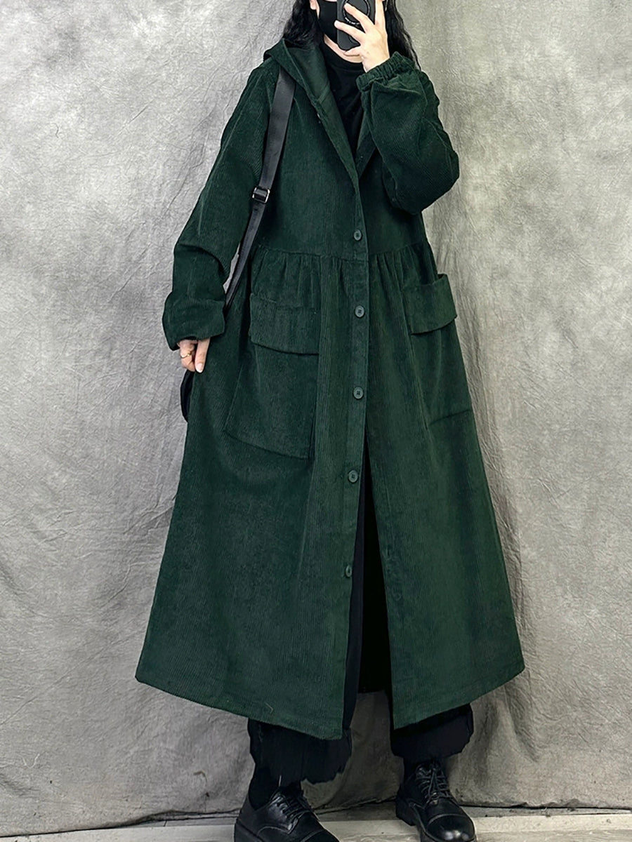 Plus Size Women Retro Autumn Pure Color Hooded Corduroy Coat
