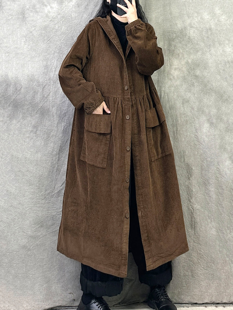 Plus Size Women Retro Autumn Pure Color Hooded Corduroy Coat