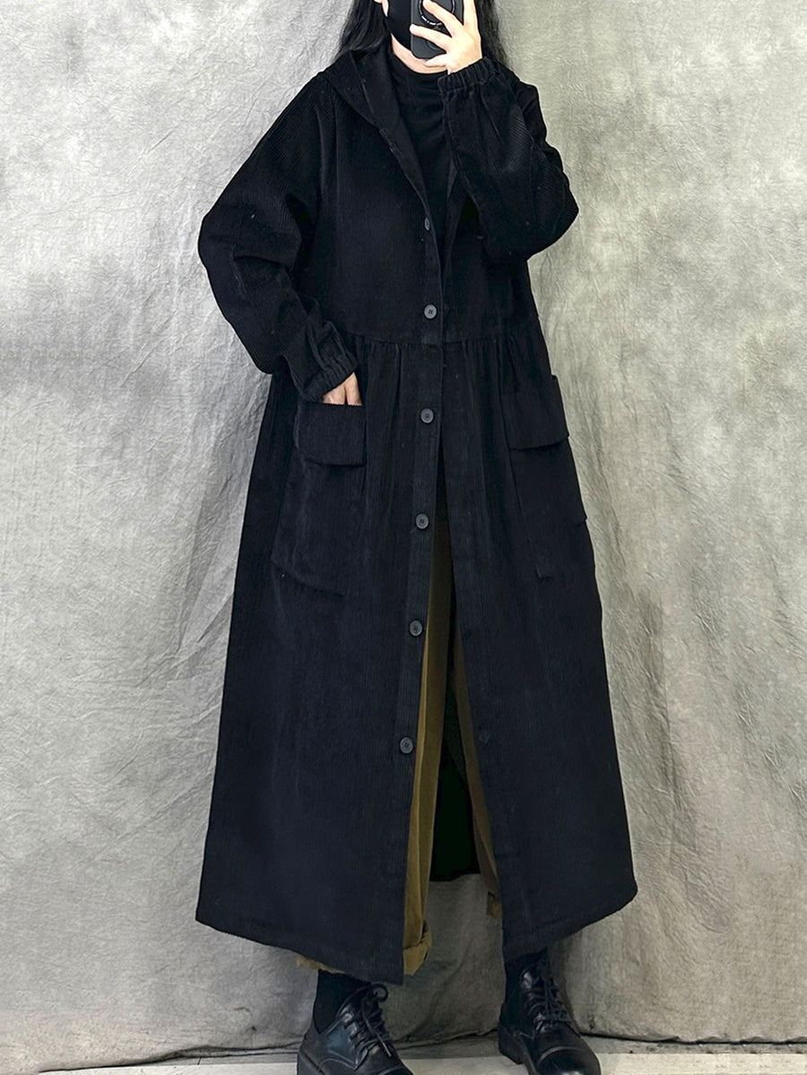 Plus Size Women Retro Autumn Pure Color Hooded Corduroy Coat