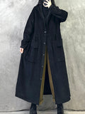 Plus Size Women Retro Autumn Pure Color Hooded Corduroy Coat