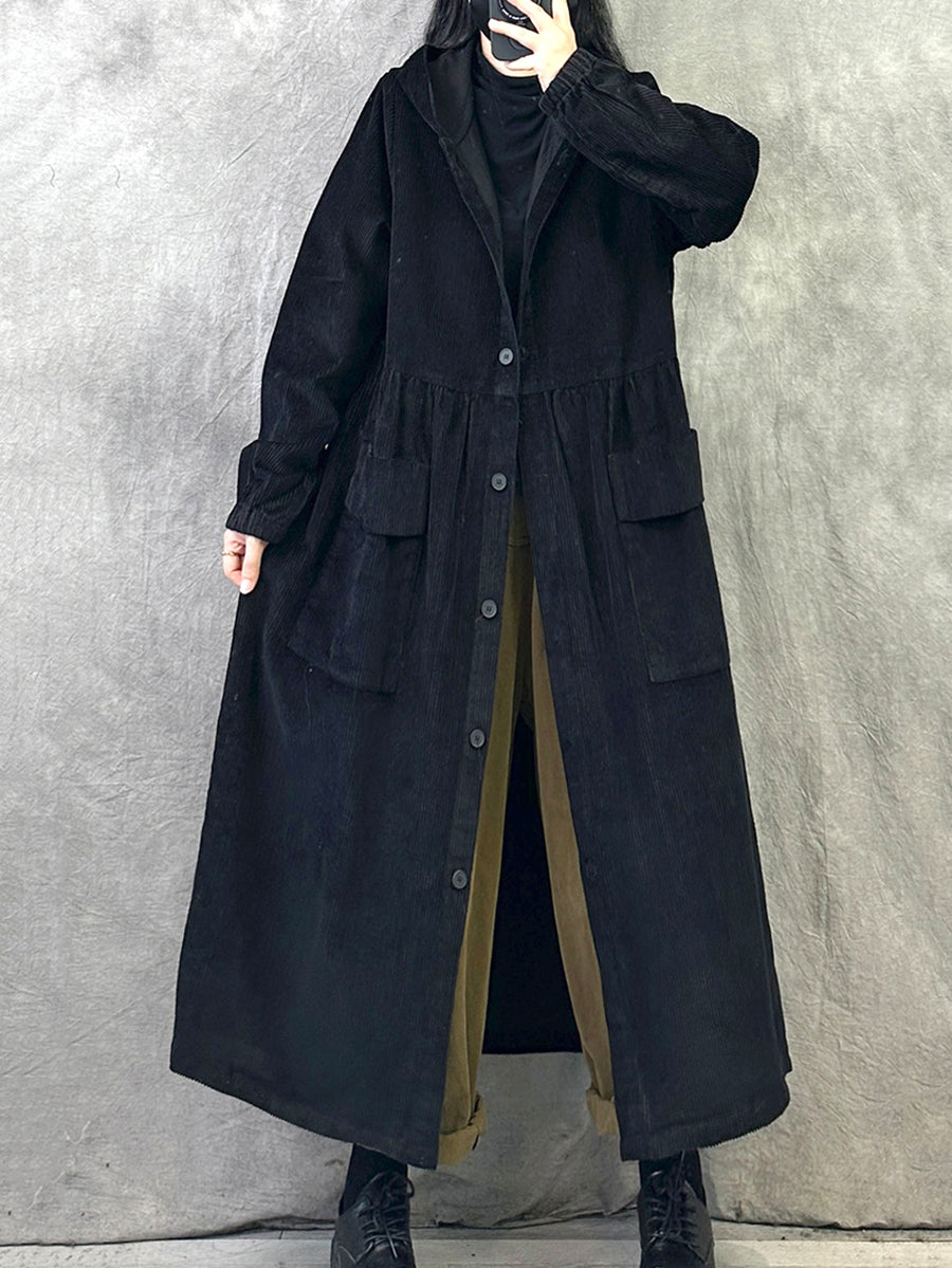 Plus Size Women Retro Autumn Pure Color Hooded Corduroy Coat