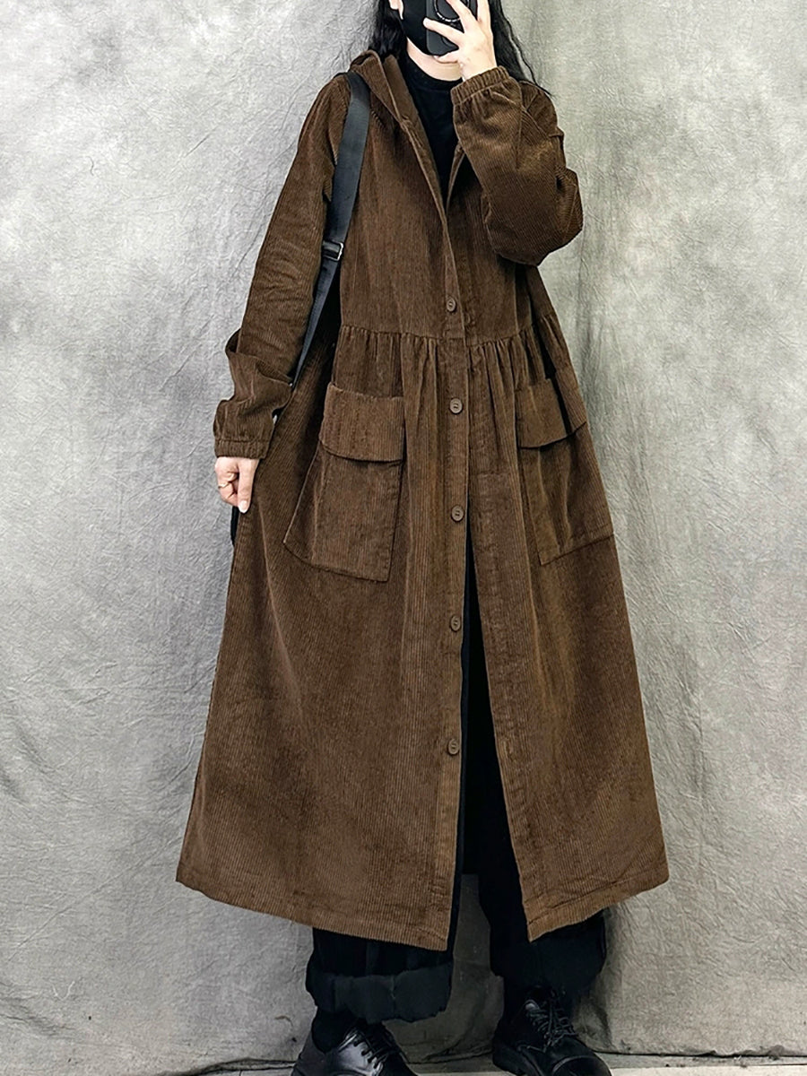 Plus Size Women Retro Autumn Pure Color Hooded Corduroy Coat