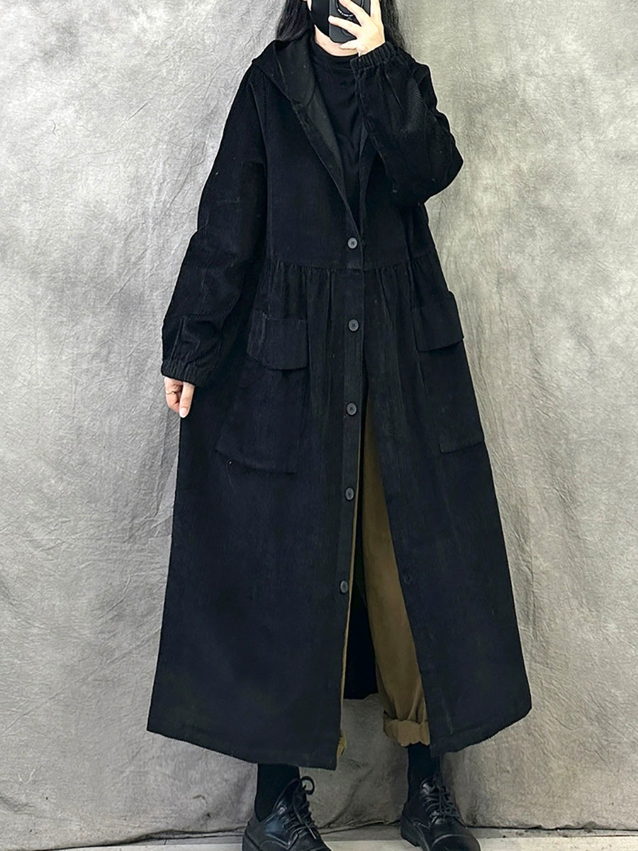 Plus Size Women Retro Autumn Pure Color Hooded Corduroy Coat