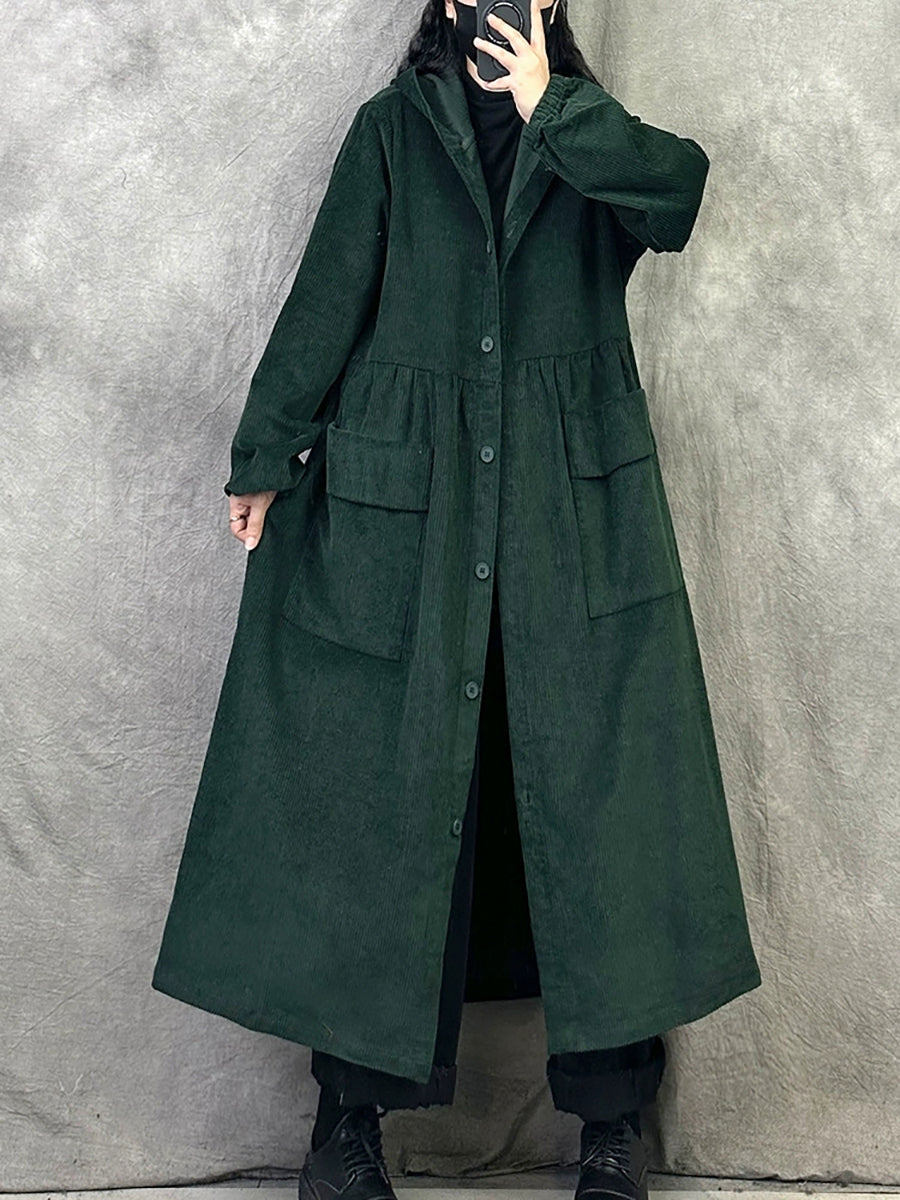 Plus Size Women Retro Autumn Pure Color Hooded Corduroy Coat
