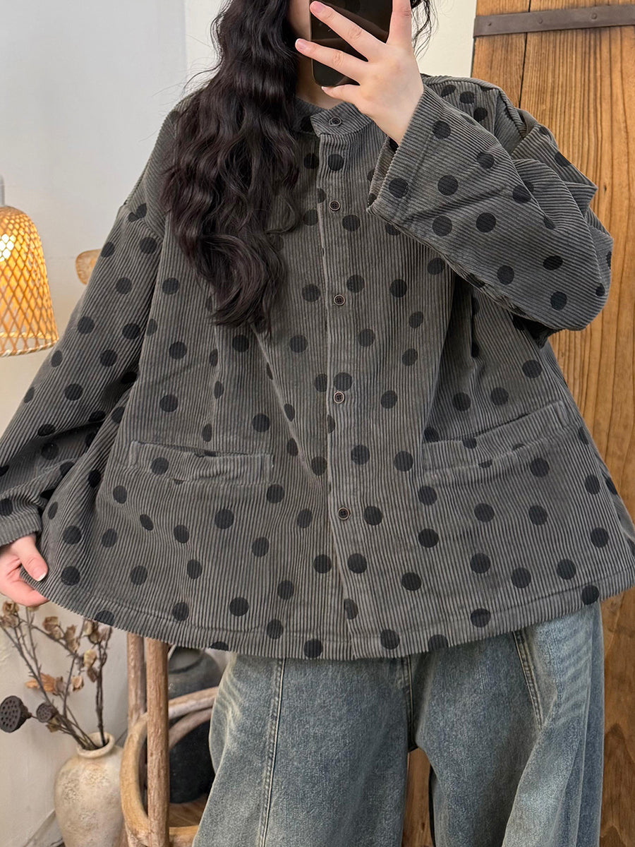 Plus Size Women Vintage Autumn Dot Stand Collar Corduroy Jacket